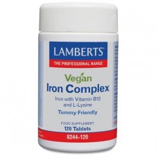 Lamberts uztura bagātinātājs Dzelzs komplekss vegāniem, dzelzs ar B12 vitamīnu un L-lizīnu, 120tabl.